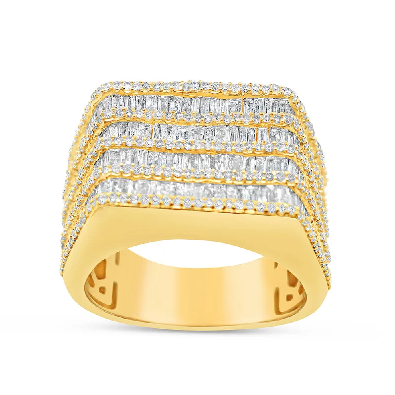 Trendy gold twist ring for women -Mens Gold Round and Baguette Diamond Square Pinky Ring | 14K Yellow Gold | 2.21CTW