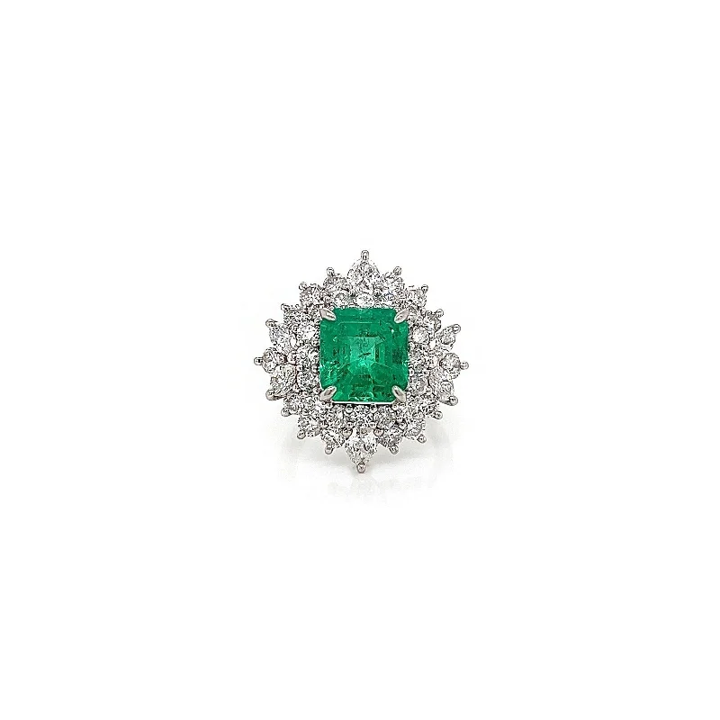 Ladies delicate floral stackable ring -5.48 Total Carat Emerald and Diamond Halo Prong-Set Ladies Ring