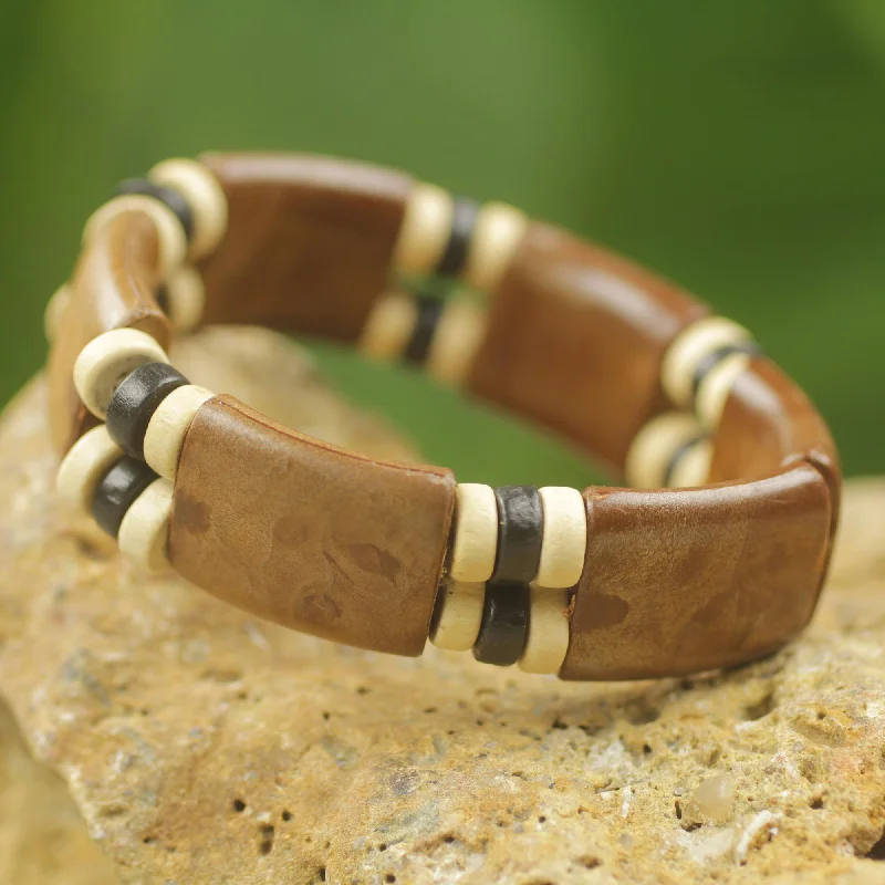 Modern geometric gold bracelets for women -Coffee Connection Eco Friendly Wood and Recycled Bead Bracelet from Ghana