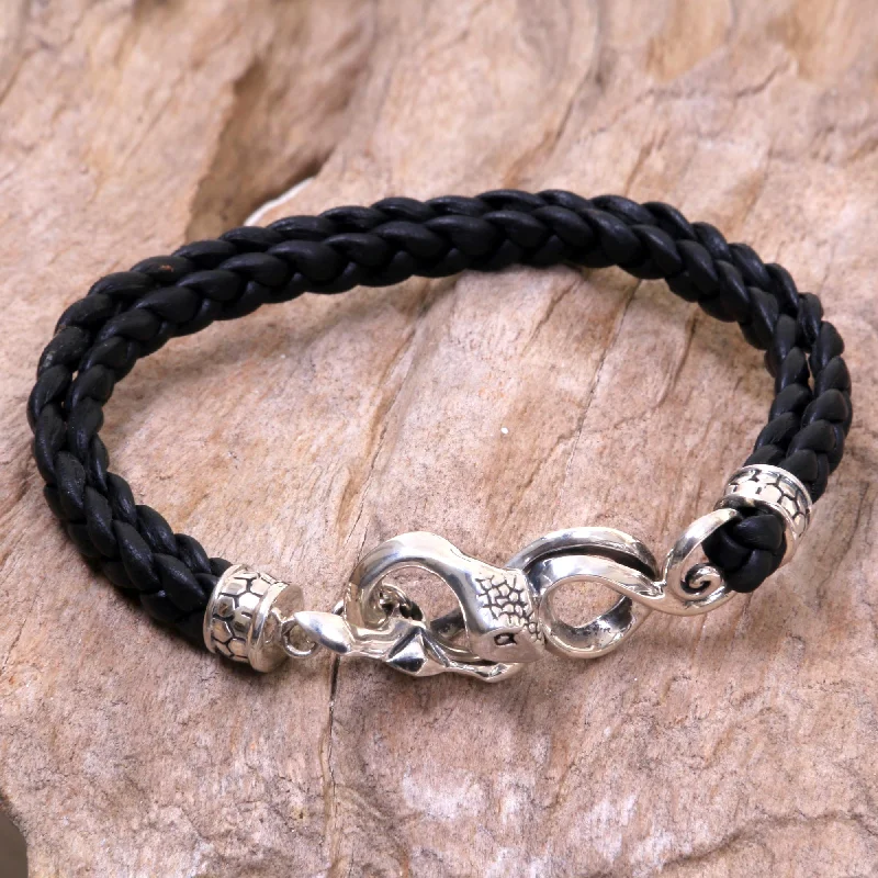 Simple silver link bracelets for ladies -Cobra Men's Black Leather Bracelet with Silver Snake Clasp