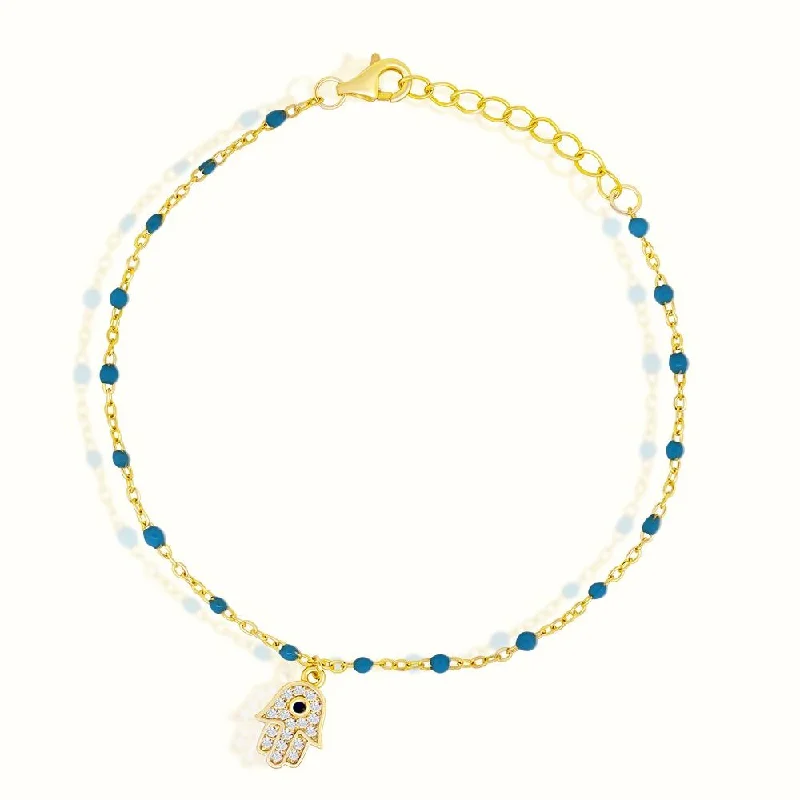 Classic gold vine charm bracelets for ladies -Women's Vermeil Turquoise Diamond Hamsa Hand Bracelet