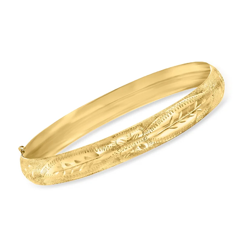 Classic gold link bangle bracelets for women -Ross-Simons 14kt Yellow Gold Floral Etched Bangle Bracelet