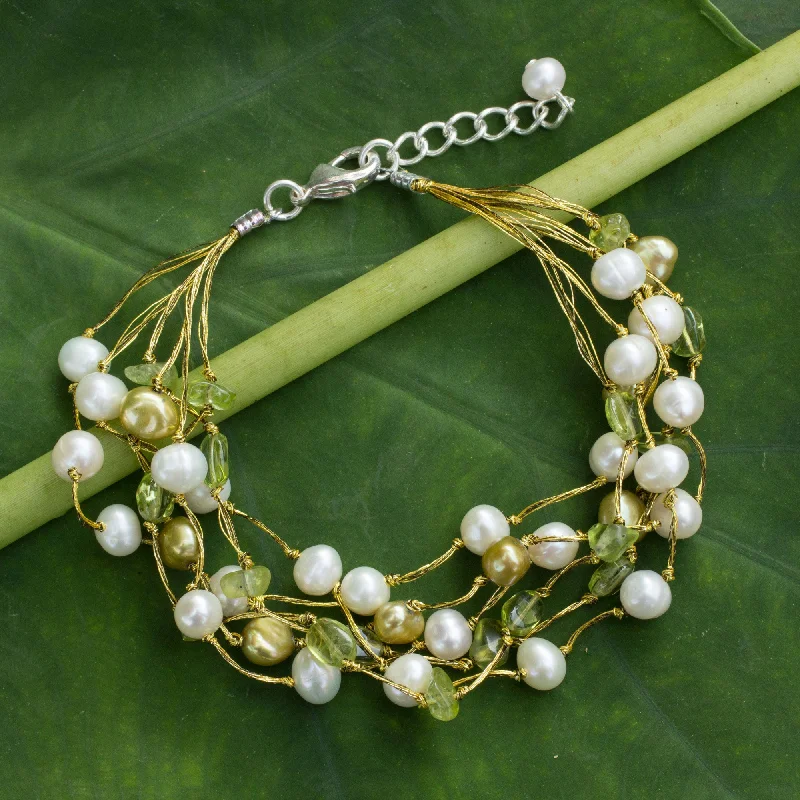 Modern silver vine bangle bracelets -Cloud Forest Peridot & Pearl Beaded Bracelet