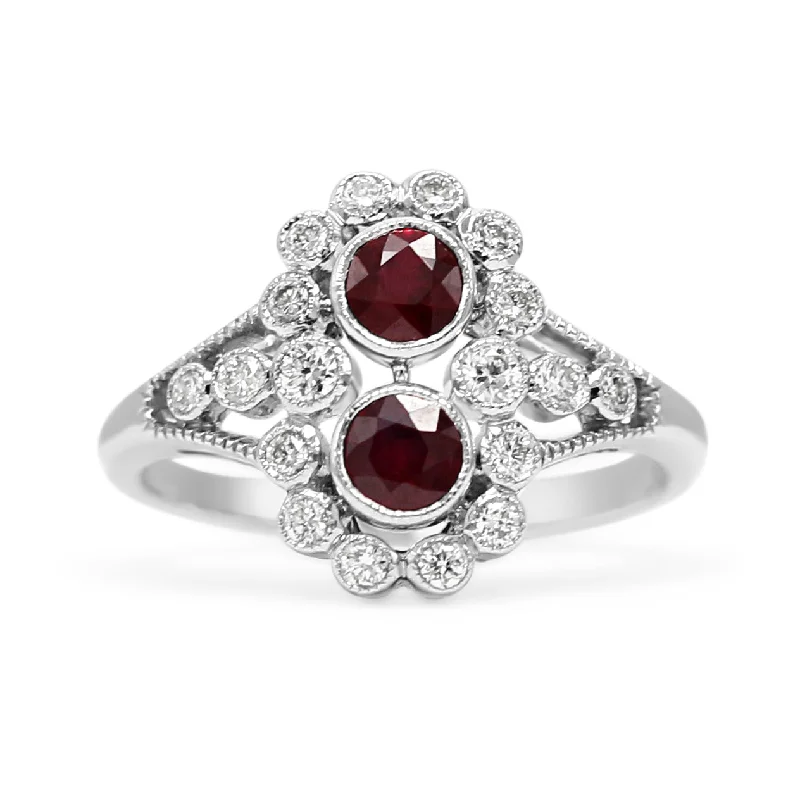 Ladies unique floral gem ring -18ct White Gold Diamond & Ruby Ring, Diamond Shoulders