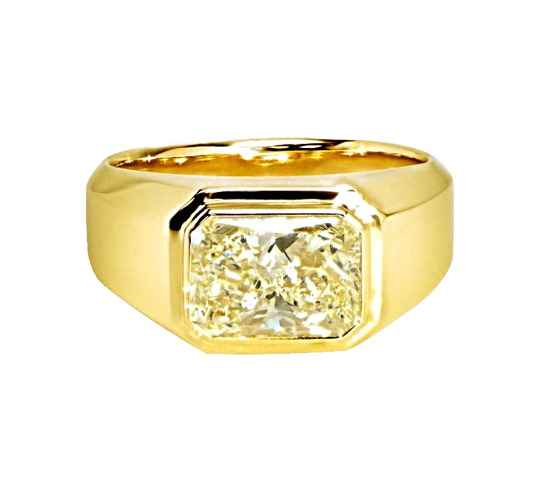 Simple silver halo ring for ladies -Radiant Shaped Yellow Diamond Bezel Set Mens Ring