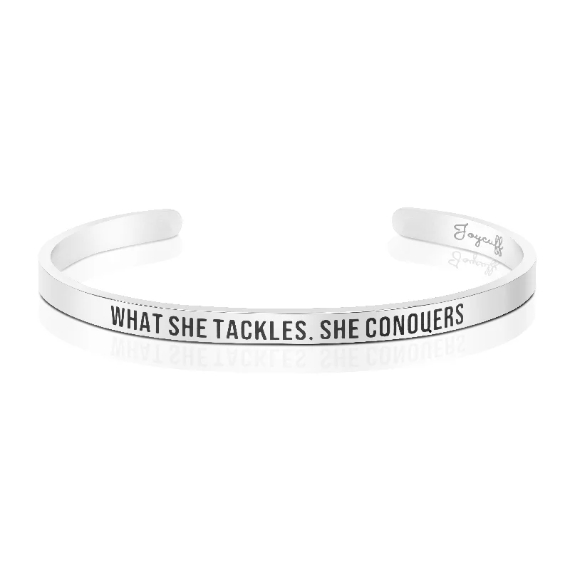 Ladies minimalist pearl bangle bracelets -What She Tackles She Conquers Mantra Bracelet Achievement Award DS Team Gift for Her