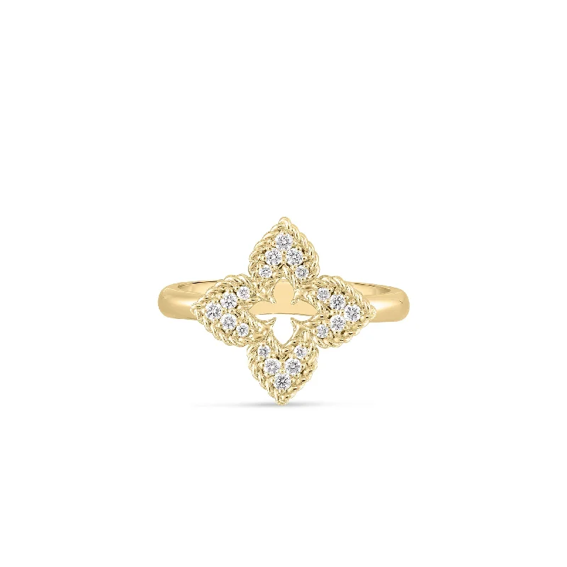 Elegant rose gold halo ring for ladies -18K Yellow Gold Ventian Princess Small Diamond Pave Flower Ring