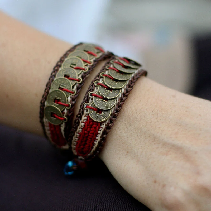 Ladies vintage-style spiral bangle bracelets -Coin & Wood Wristband Bracelets