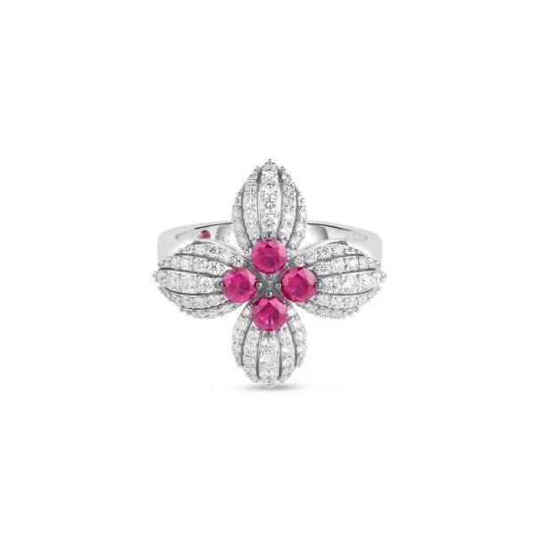 Trendy boho moon ring for ladies -18K White Gold Love In Verona Diamond And Ruby Flower Ring