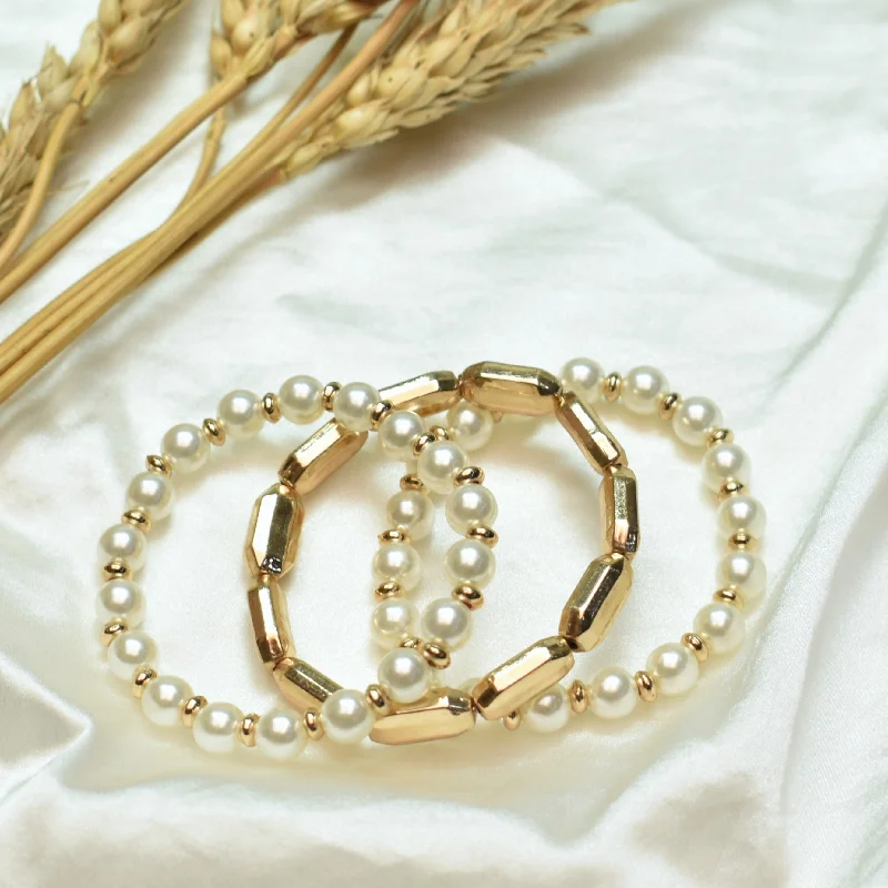 Ladies boho-inspired jade bracelets -TFC Elegant Gold and Pearl Beaded Stacked Bracelet (Set of 3)