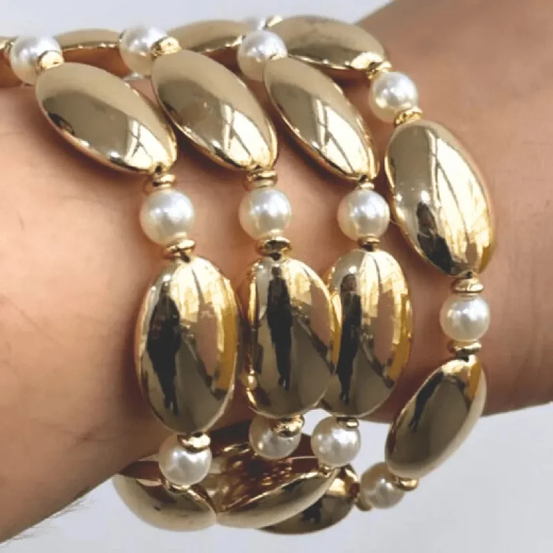 Ladies twisted silver bracelets -TFC Long Bold Beads With Pearls Gold Plated Stacked Bracelet (Set of 4)