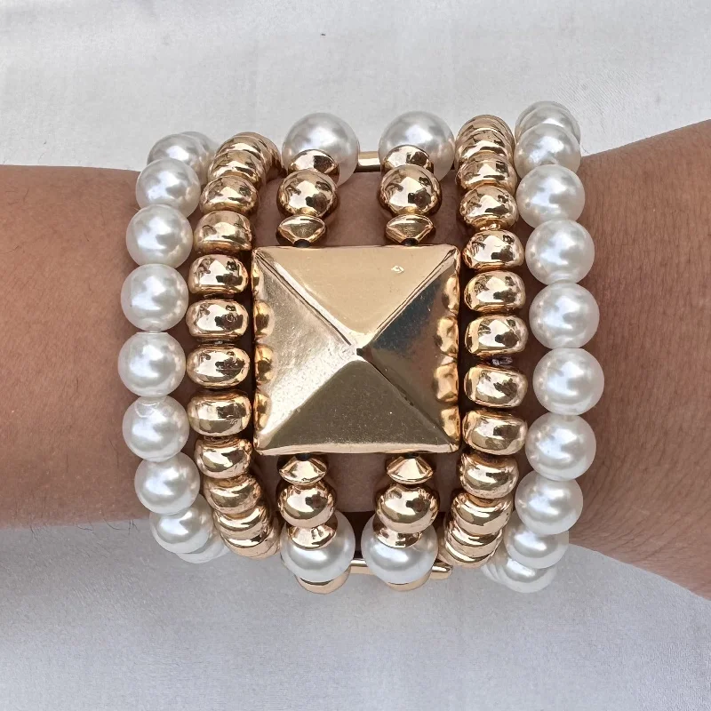 Vintage gold link bracelets for women -TFC Pearl & Gold Plated Stacked Bracelet (set of 5)