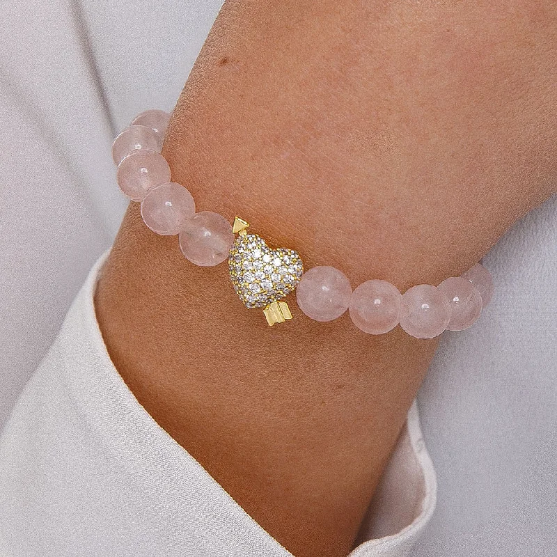 Ladies delicate floral wrap bracelets -Women's Diamond Heart Clear Pink Beaded Bracelet