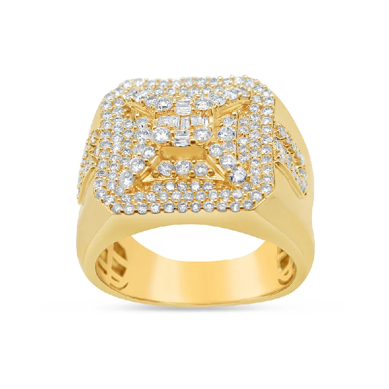 Trendy geometric stackable ring for women -Mens Gold Round and Baguette Diamond Big Square X Pinky Ring | 10K Yellow Gold | 1.72CTW