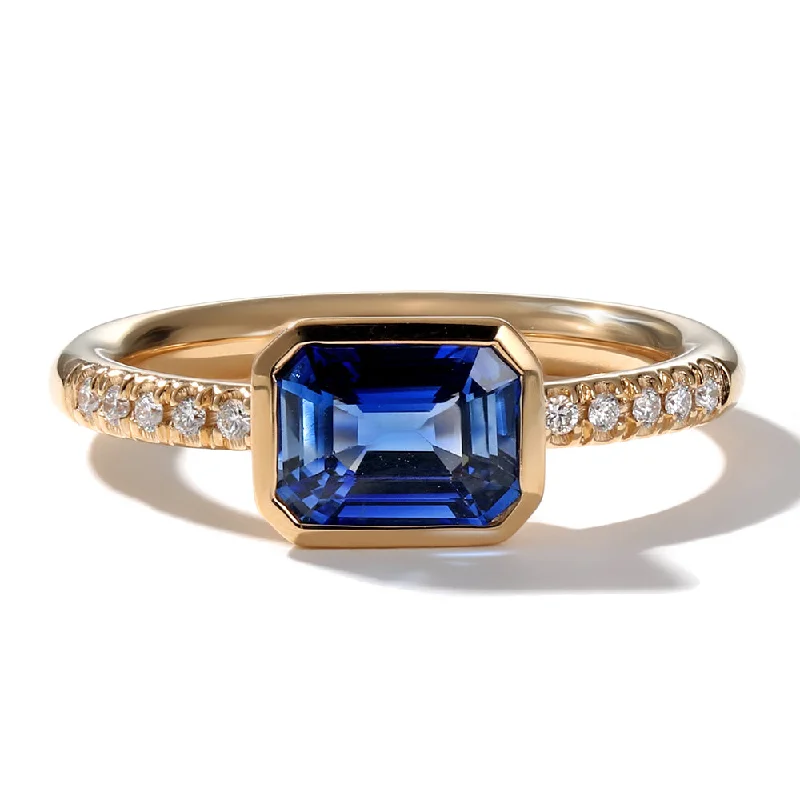 Ladies delicate moonstone band ring -East-West Emerald Cut Sapphire and Diamond Bezel Ring