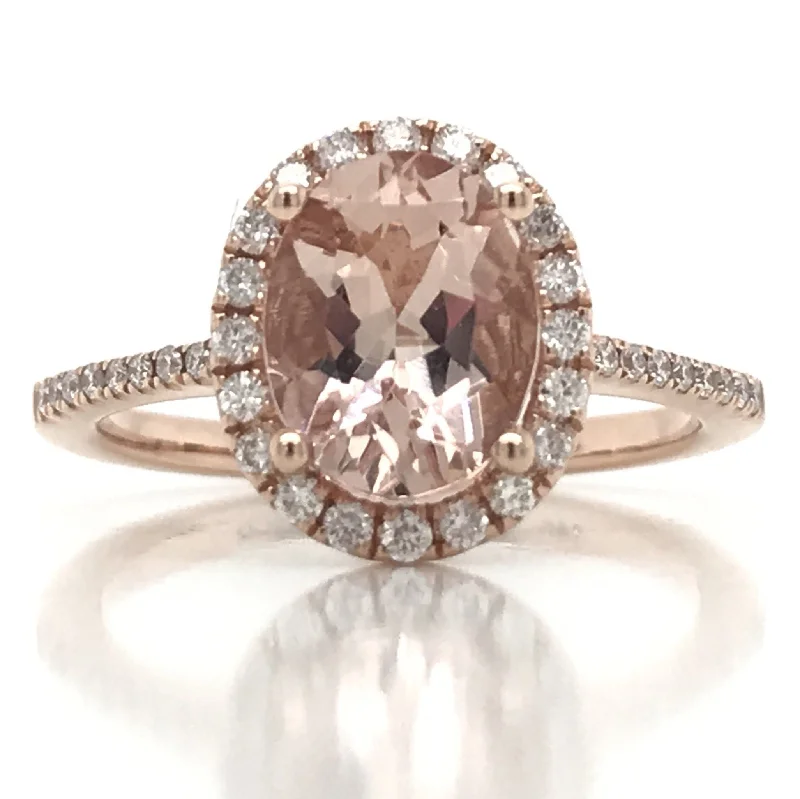 Ladies bold rose gold cocktail ring -"LADRG01914" Oval Shaped Morganite Ring With Diamond Pave and Halo