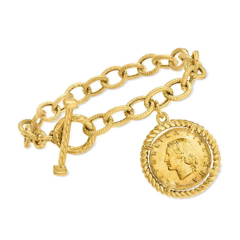 Delicate diamond spiral bracelets for women -Ross-Simons Italian 18kt Gold Over Sterling Replica Lira Coin and Oval Link Toggle Bracelet