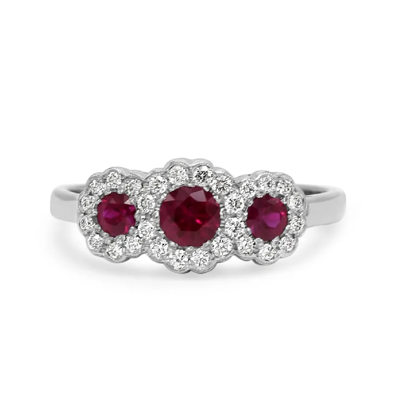 Ladies delicate emerald stackable ring -Handmade Platinum Diamond & Ruby Triple Cluster Ring