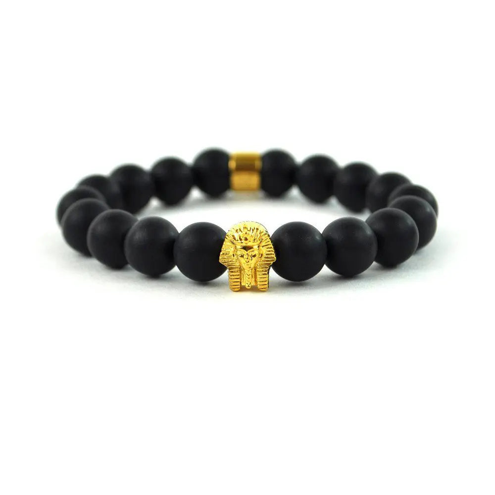 Trendy gemstone link bracelets -Black Matte Pharaoh Head Beaded Bracelet