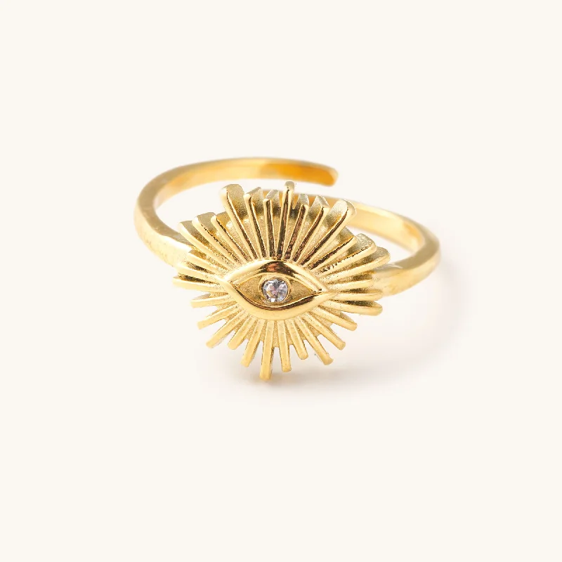 Vintage gold twist ring for women -Stef Evil Eye Sunburst Ring