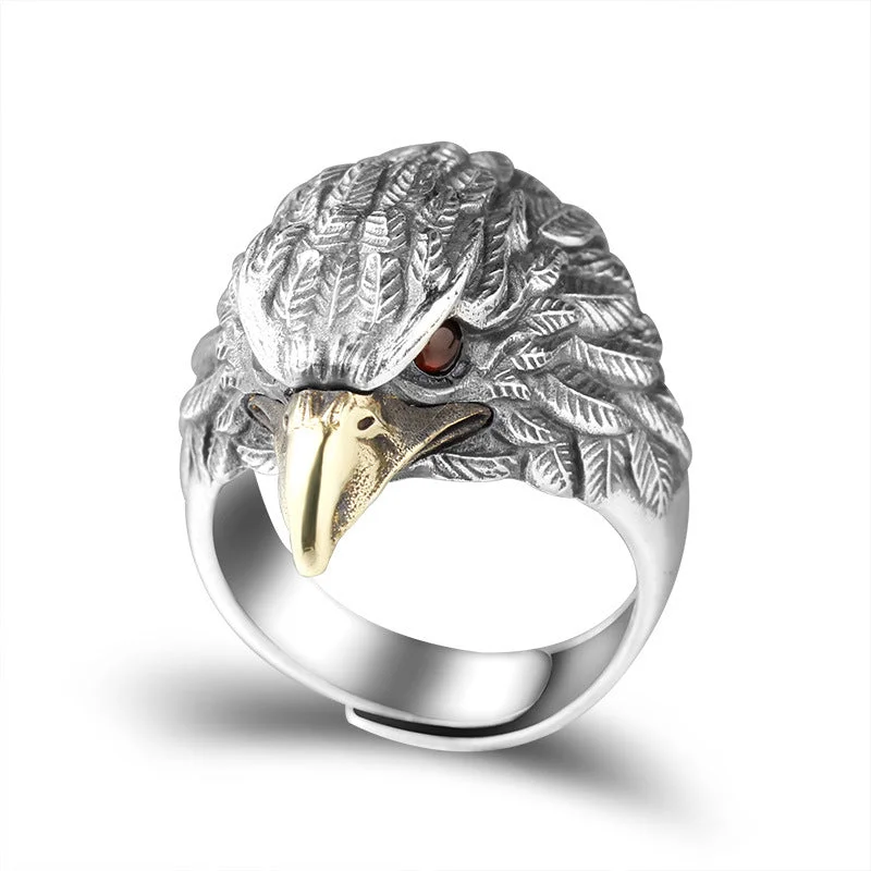 Ladies vintage sapphire stackable ring -Unisex 925 Sterling Silver Ring - Adjustable Eagle Head Design - Vintage Style Statement Ring for Men and Women - Korean Fashion Trend