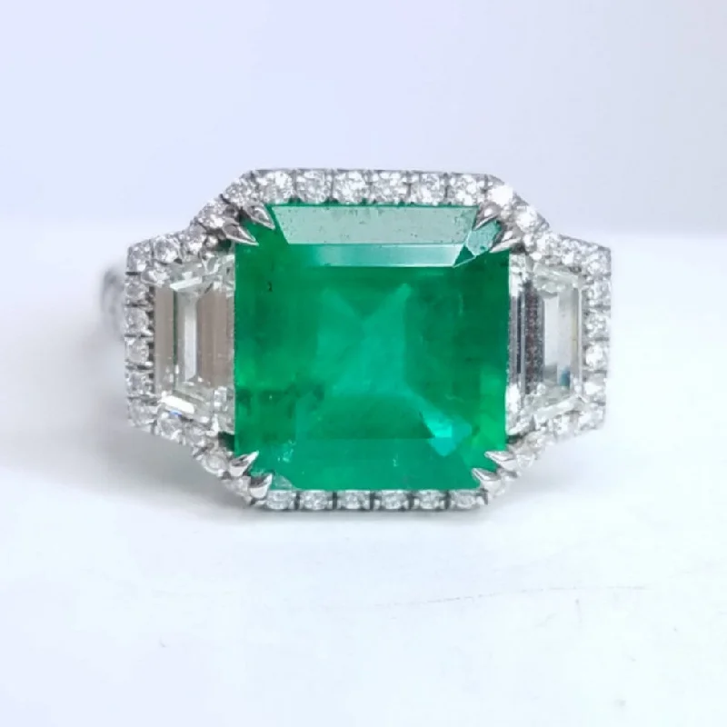 Classic silver wave ring for ladies -4.46 Total Carat Emerald and Diamond Halo Ladies Ring. GIA Certified.