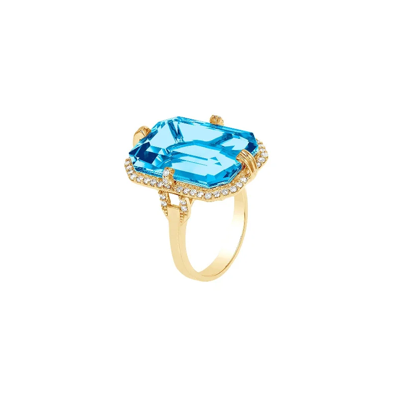 Ladies floral silver ring -Blue Topaz Emerald Cut Ring with Diamonds