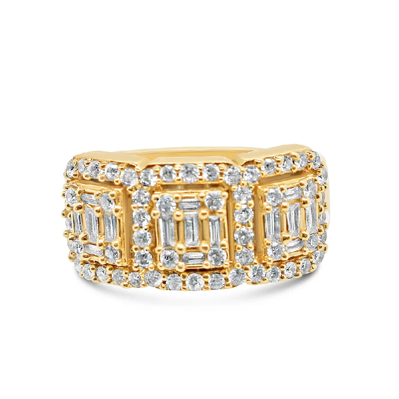 Ladies bold geometric cocktail ring -Mens Gold Round and Baguette Diamond Ring | 14K Yellow Gold | 0.86CTW