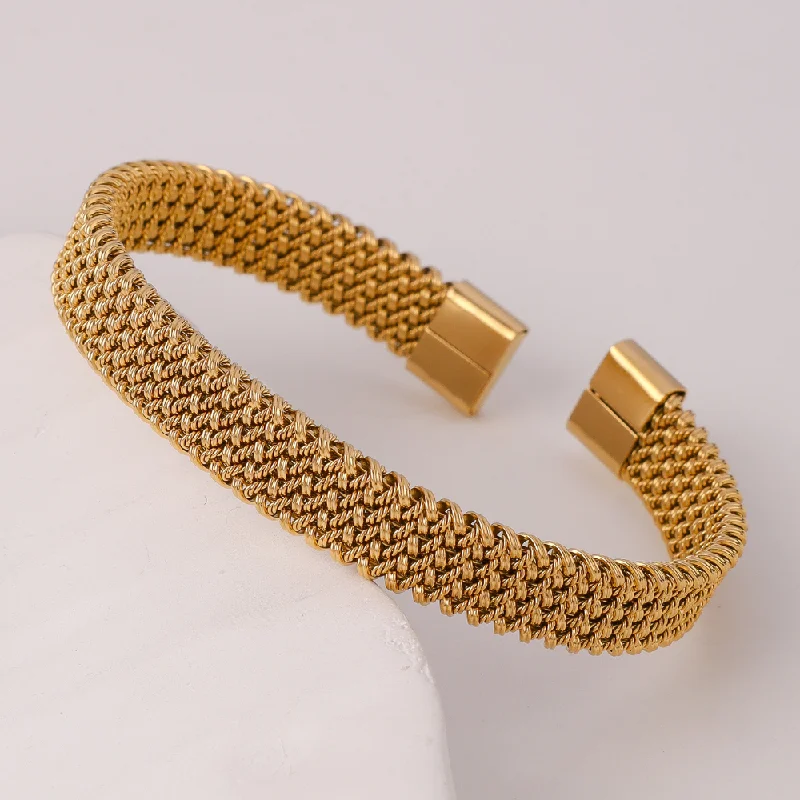 Ladies bold gold petal bracelets -Stainless Steel Braided Flat C-shaped opening Bracelet For Men