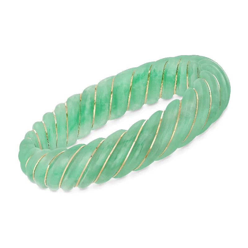 Delicate diamond spiral bracelets for women -Ross-Simons Carved Green Jade Bangle Bracelet With 14kt Yellow Gold