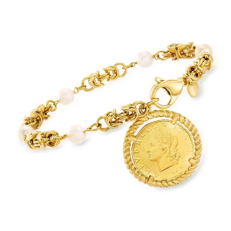 Modern geometric gold bracelets for women -Ross-Simons Italian 6mm Cultured Pearl and Replica Lira Coin Byzantine Bracelet in 18kt Gold Over Sterling