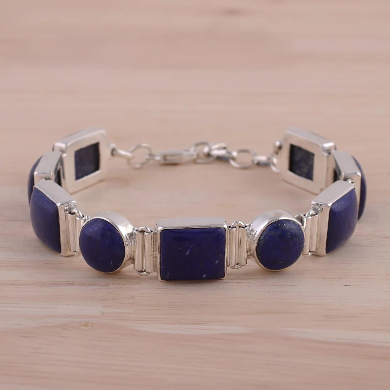 Trendy silver petal cuff bracelets -Connected Lapis Lazuli & Sterling Silver Link Bracelet