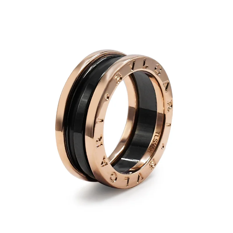 Trendy silver open ring for ladies -Bvlgari B.Zero1 Two Band Ring - 18ct Rose Gold & Black Ceramic