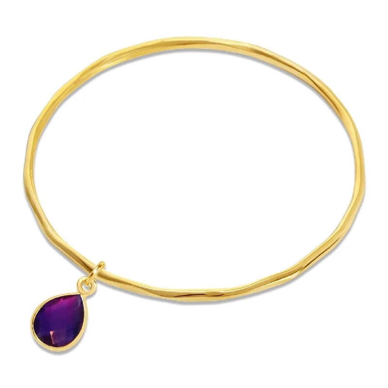 Ladies curved gold bangle bracelets -Gold Amethyst Charm Bangle - February Birthstone