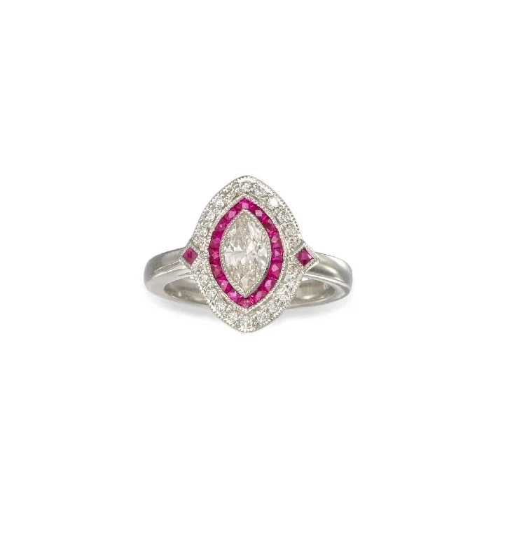 Ladies elegant onyx stone ring -Platinum Diamond and Ruby Ring