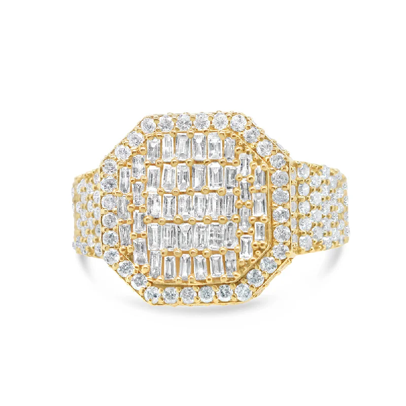 Ladies asymmetrical gemstone ring -Mens Gold Diamond and Baguette Risen Square Pinky Ring | 10K Yellow Gold | 2.90CTW