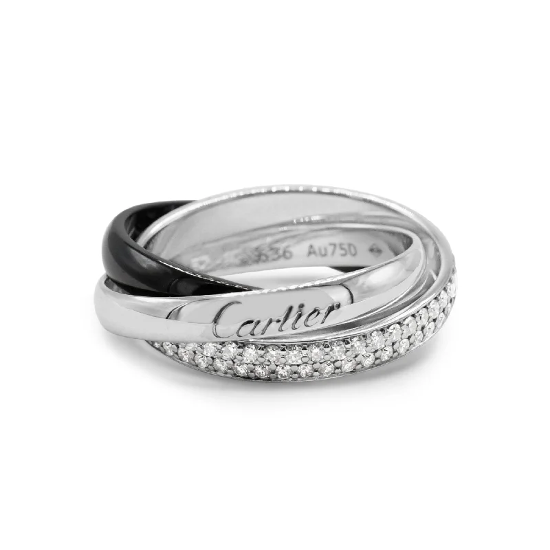 Ladies lightweight silver ring -Cartier Trinity Ring, Diamond & Black Ceramic Size 52 - 18ct White Gold