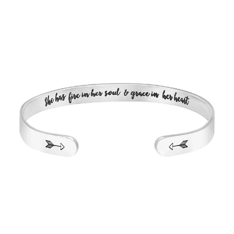 Minimalist silver wrap bracelets for women -She Has Fire in Her Soul and Grace in Her Heart Hidden Message Cuff Bracelet