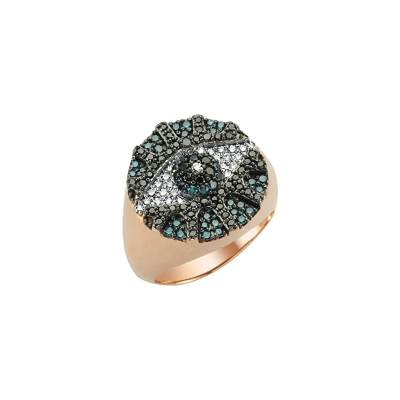 Ladies bold statement cocktail ring -EYE ROUND NORMAL SIZE BLUE & DIAMOND RING