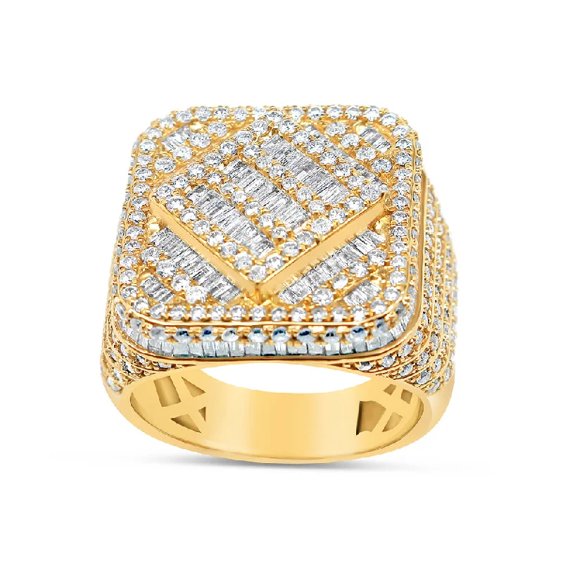 Ladies lightweight silver ring -Mens Gold Round and Baguette Diamond Big Square Pinky Ring | 14K Yellow Gold | 3.33CTW