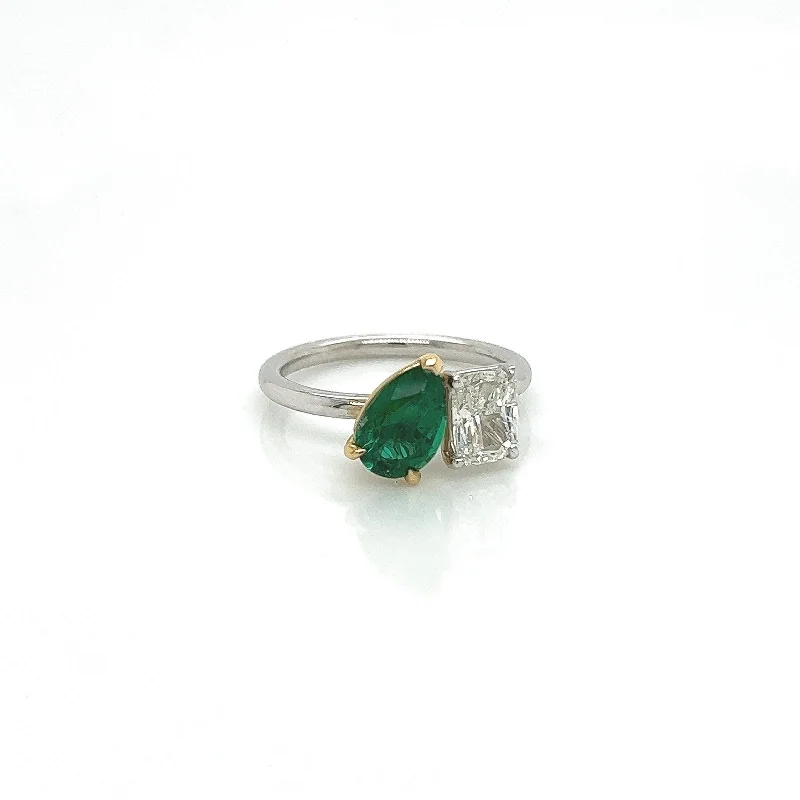 Modern gold halo ring for ladies -2.18 Total CT Two-Stone Emerald and Diamond Ladies Ring in 18K White Gold, GIA