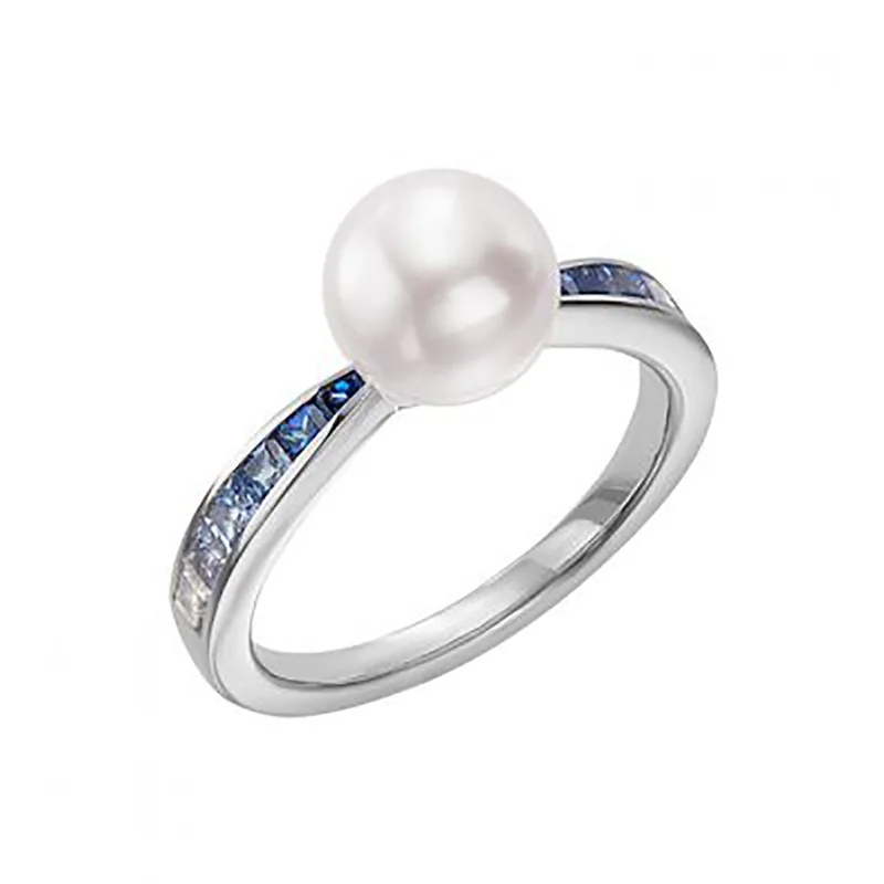 Ladies minimalist pearl band ring -Ocean Akoya and Blue Sapphire Ring